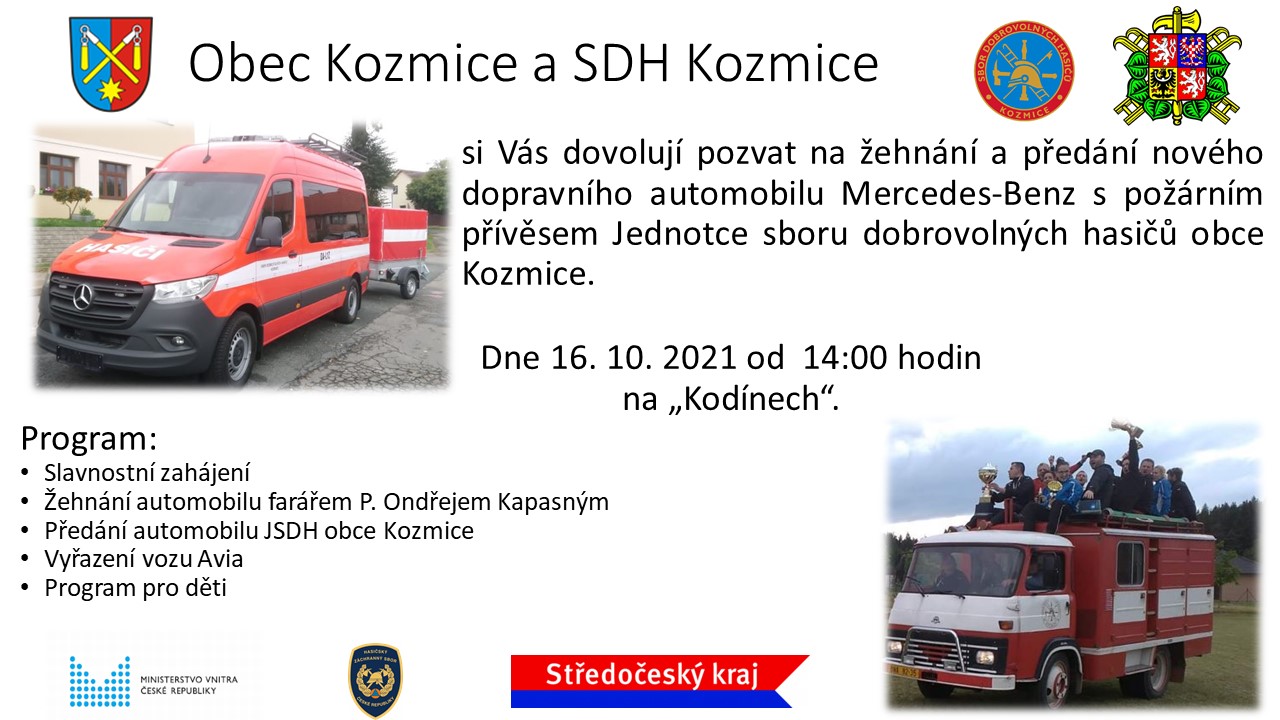Plakát _Pozvánka na slavnostní žehnání a předání hasičského automobilu JSDH Kozmice dne 16.10.2021  .jpg